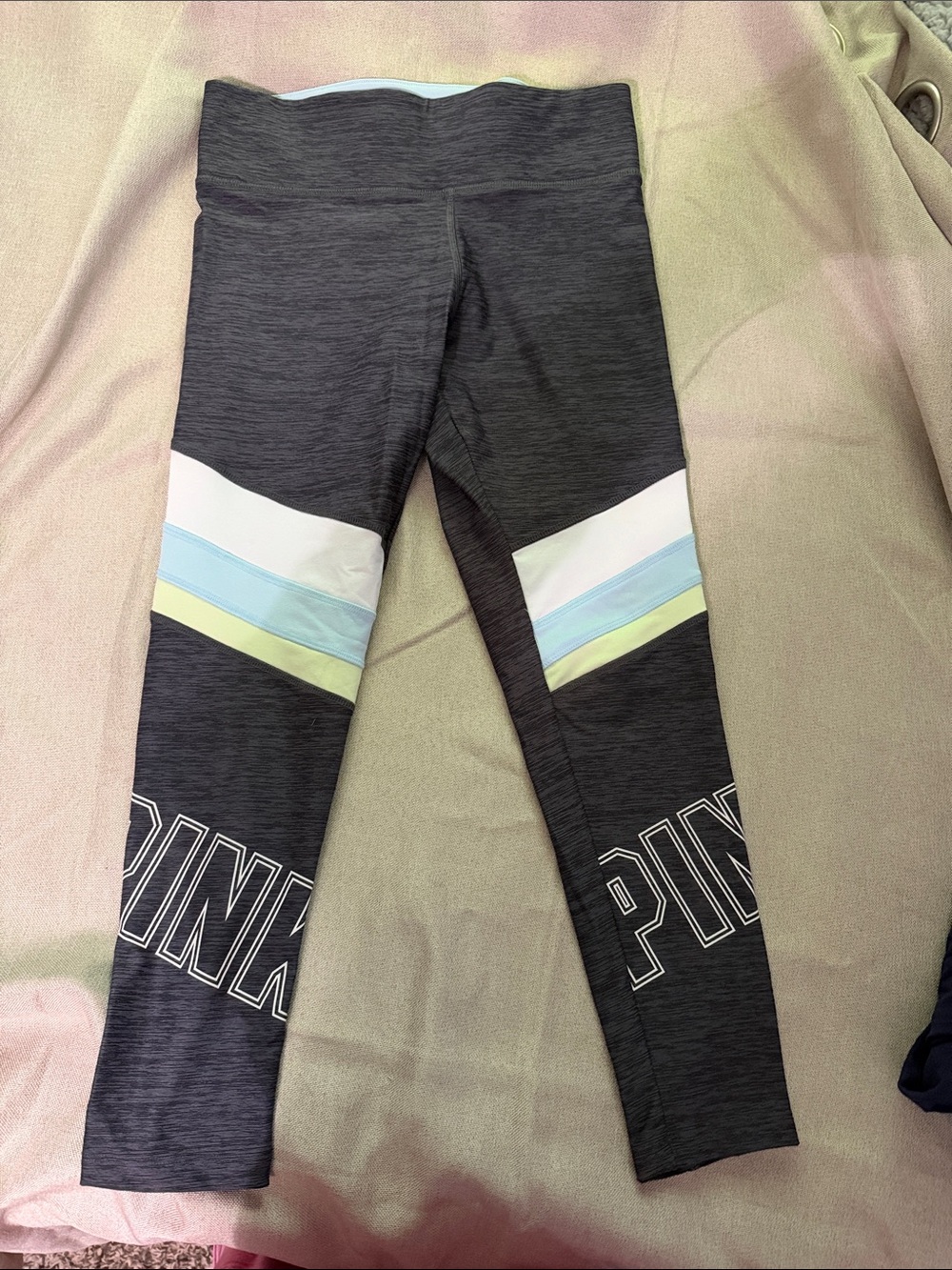 PINK Victoria's Secret Black Heather Leggings with Pastel Stripe Panels
